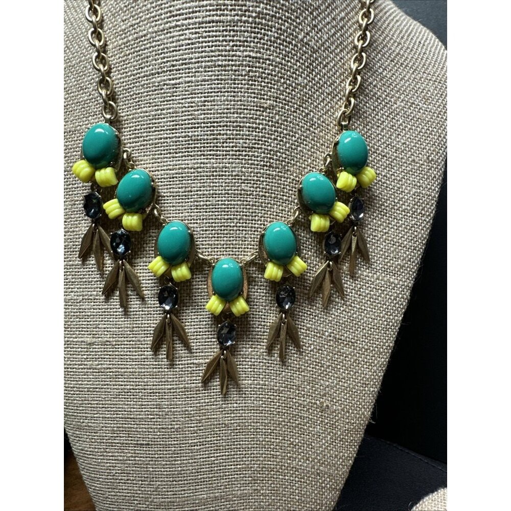 J. Crew Statement Necklace Green, Yellow And Smoke Colored Stones, Goldtone